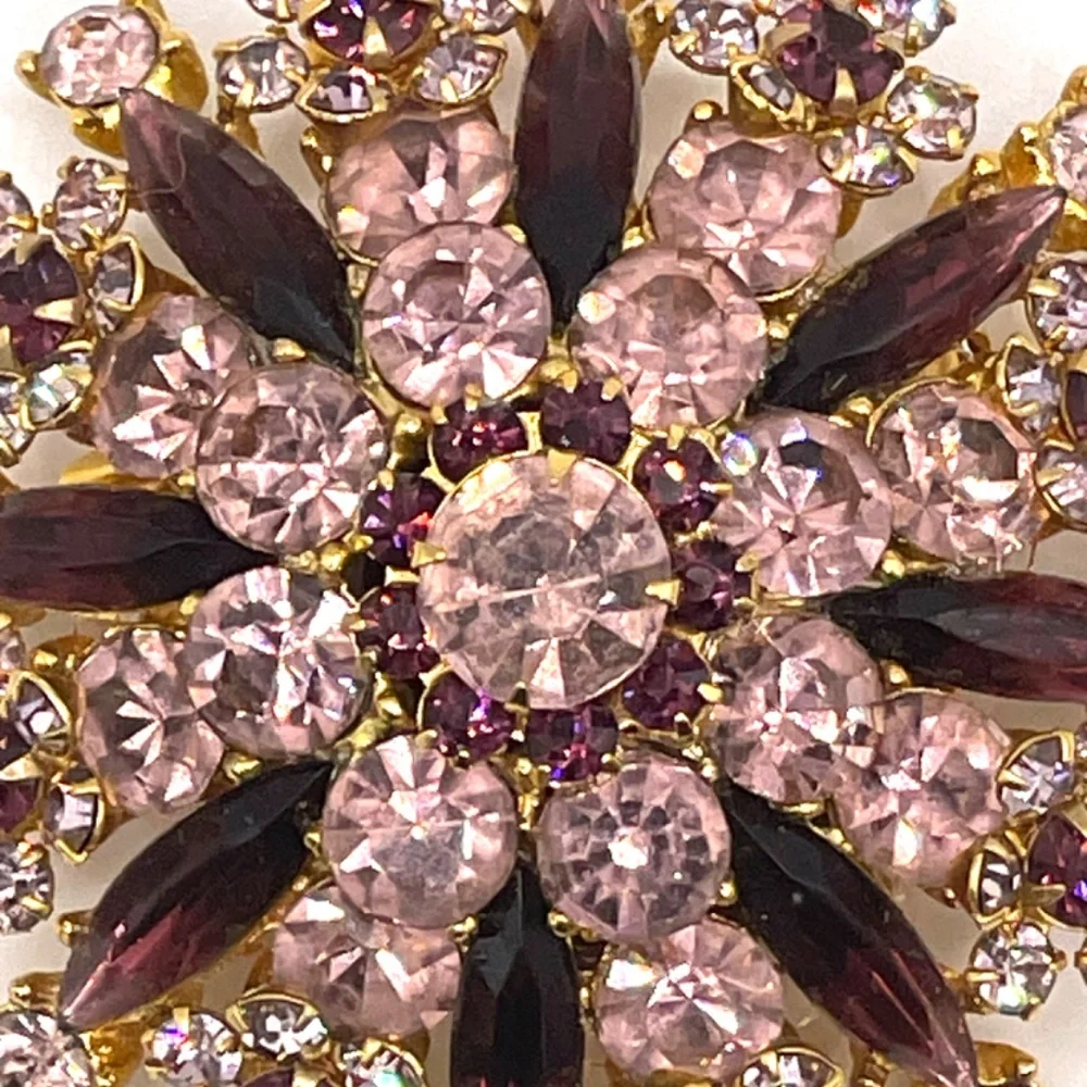 Vintage Pale Pink Deep Purple Rhinestone Sunburst Pin Brooch